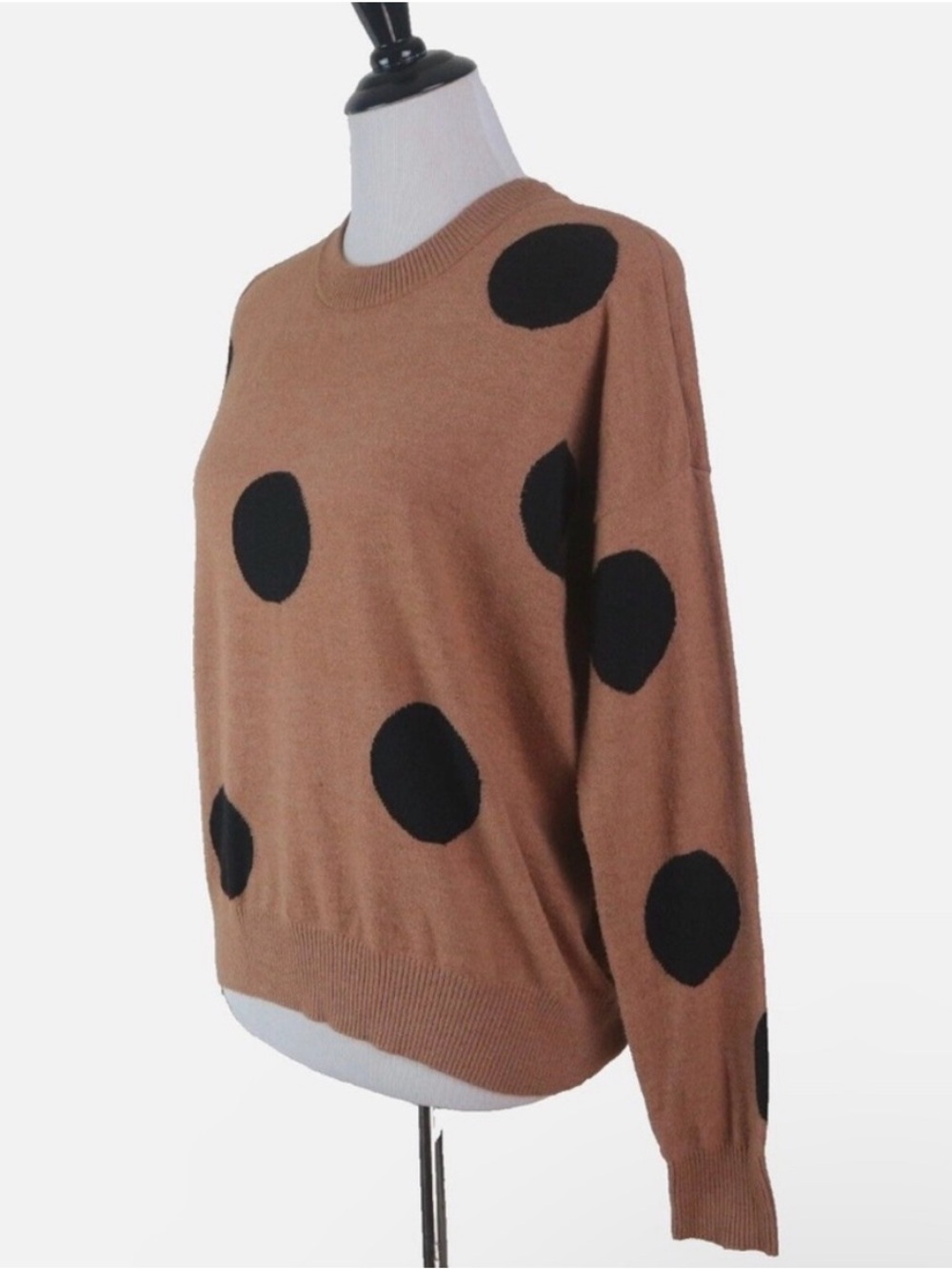 Tahari Tan Crewneck Sweater with Black Polka Dots